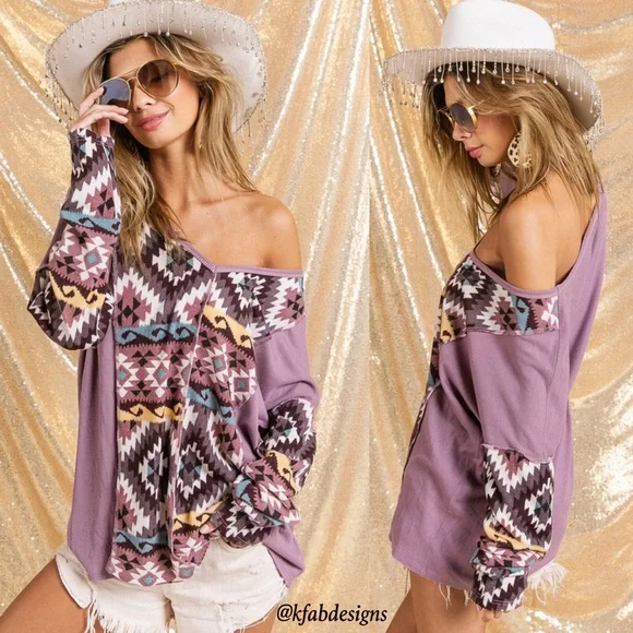 LAST 1! V Neck Mauve/Lilac Mix Aztec Print Soft Color Block Top - Picture 4 of 11
